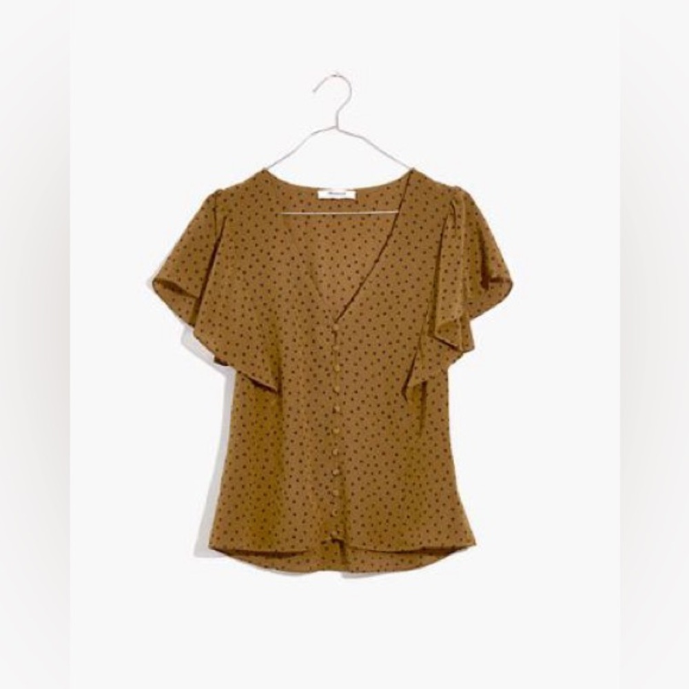 Madewell Silk Olive Brown Polka Dot Short Sleeve Blouse Size 6